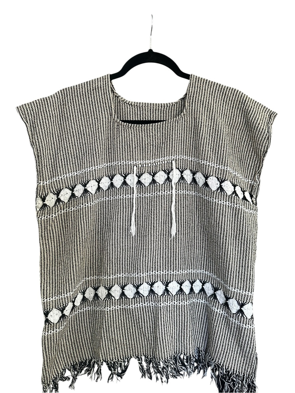 Cotton Striped Black and White Boho Fringe Tunic Top